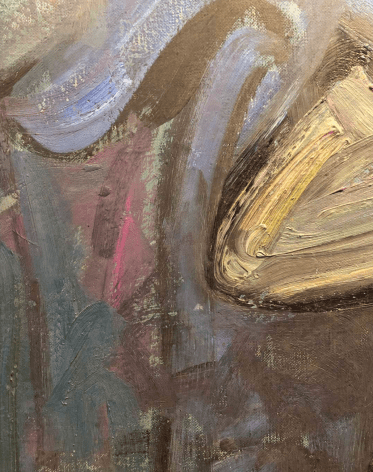 Close-up detail image showing brush strokes in yellows, blues and pink of Bells of San Miguel de Allende painting by Hans Burkhardt.