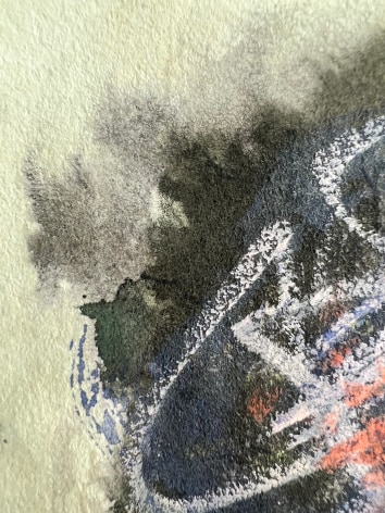 Image of close-up of mixed media abstract by Hans Burkhardt in pinks, black and other colors.