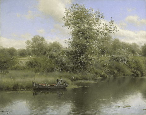 Image of sold oil painting of Figures in Boat on a river by Emilio Sanchez-Perrier.
