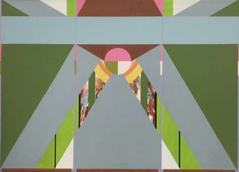 Image of &quot;Mahler's Castle II&quot; painting by artist Budd Hopkins, a geometric abstract painting of greens, grays, whites, browns, pinks, orange and yellow colors, mostly in single color sections, but with some mixed colors.