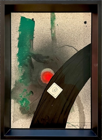 Framve view image of untitled abstract collage by Fred Martin, done in red, black, green and grey mixed media.