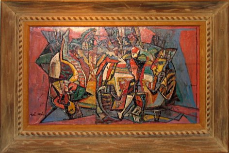 Image of wooden carved frame on &quot;Heads or Tails&quot; painting by Paul Burlin.
