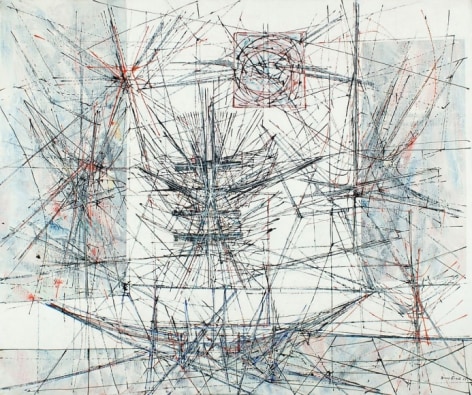 Image of Jimmy Ernst's sold abstract painting entitled &quot;Ancient Evidence&quot; in cream, blue, red and black.