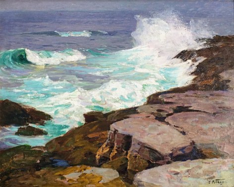 Image of sold Edward Henry Potthast oil painting entitled &quot;Surf at Low Tide&quot; depicting waves crashing on coastal rocks.