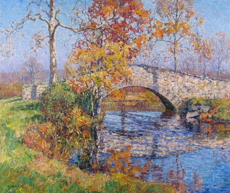 Image of sold oil painting by Wilson Irvine of a stone bridge in the fall.