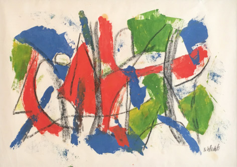 Image of sold abstract painting by John Von Wicht entitled &quot;South Wind&quot; in red, blue, green and black.