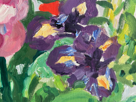Closeup detail of purple Iris in Nell Blaine's painting Bouquet of Peonies and Empire Lily.