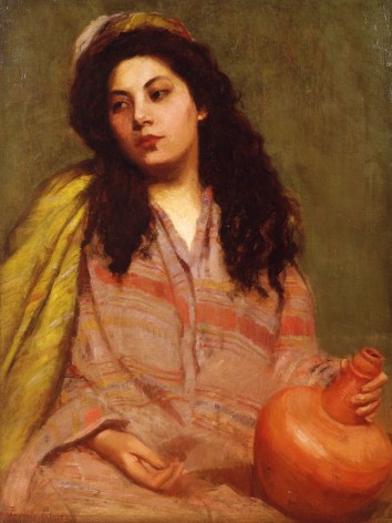 Image of sold oil painting by Pauline Palmer showing a dark haired woman in an orange and brown stripped outfit with a yellow shawl, holding a unglazed clay jug.