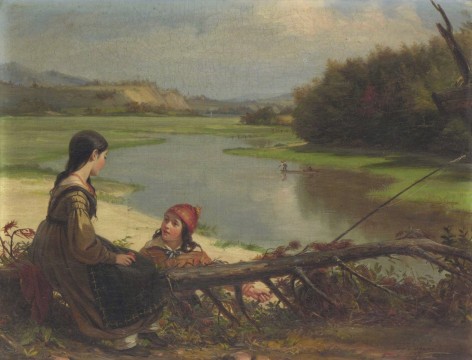 Image of sold painting by William Sidney Mount of two young children sitting on and near a downed tree next to a river.