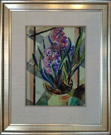 Image of gold colored frame with oatmeal colored matting on Hyacinth watercolor by Jessie Bone Charman.
