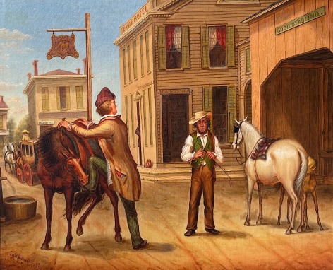 Image of &quot;Horse Trade Scene&quot; painting by artist Otis Bullard showing two men having just completed a trade of horses - a cream colored mother and foal for a nipping roan in a nineteenth century town in Maine.