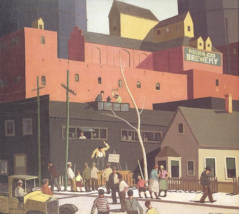 Image of sold oil painting by Paul Sample entitled &quot;Speech Near Brewery&quot; showing a man standing on crates and talking to a small crowd outside a brewery.