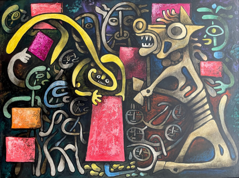 Image of abstract painting entitled &quot;Trojan Horse - Equestrian&quot; by artist Julio de Diego featuring a skeletal horse on the right and many faces and abstract figures painted with bright colors of red, yellow, green, blue and orange.