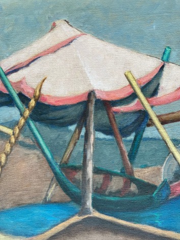 Closeup image of detail of the beach scene oil painting by Louis Wolchonok.