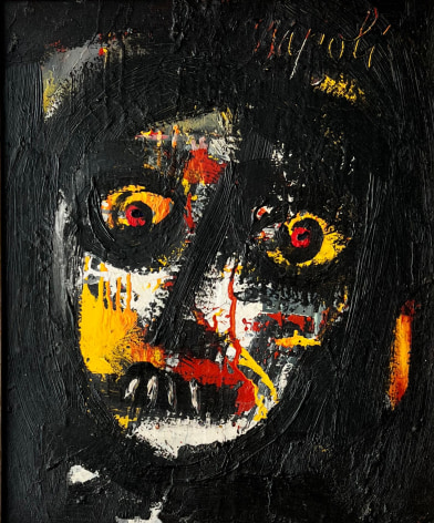Image of Giuseppe Napoli's 1958 portrait painting &quot;Ritratto&quot; showing an abstract face painted in black, red, yellow and white..