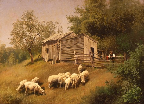 Image of a sold oil painting by Hermann Herzog of a farm scene with grazing sheep and a farmer looking on.