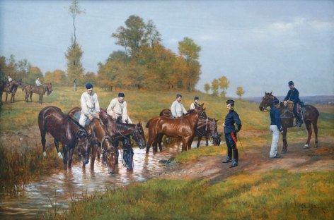 Image of sold oil painting entitled &quot;After the Maneuvers&quot; by Etienne Prosper Berne-Bellcour showing a military man inspecting several horses who are drinking from a stream, several of the horses have un-uniformed men astride them.