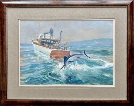 Image of frame on watercolor painting of leaping marlin fish in front of the boat Islander, which is filled with fishermen by artist John Whorf.