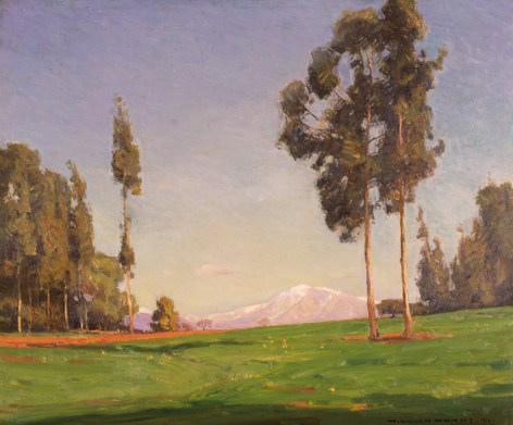 Image of sold oil painting of landscape with tall trees and a mountain by William Wendt.