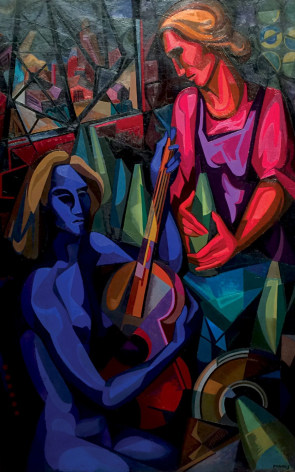 Image of sold oil painting by Seymour Franks entitled &quot;Ballad for Two Women&quot; showing a nude blue-skinned woman playing guitar and a red-skinned woman listening.