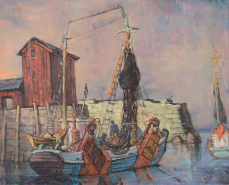 Image of sold oil painting entitled &quot;Sheltered Harbor&quot; by Philip Reisman showing a fishing boat next to a stone pier with some red huts on it.