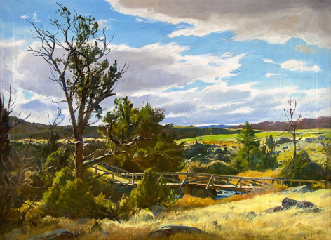 Image of sold oil painting entitled &quot;Upper Circle Bridge Wyoming&quot; by Ogden Pleissner. showing a bridge across a river with fields in the distance.