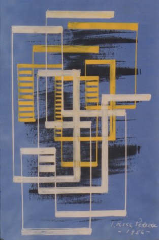 Image of sold oil painting by Irene Rice Pereira entitled &quot;Celestial Pole&quot; showing white and yellow geometric forms on a blue and black background.