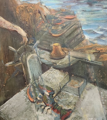 Closeup detail of &quot;Break of Day, Lobsterman&quot; painting by Edward Christiana.