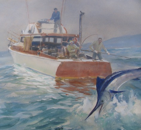 Detail image of watercolor painting of leaping marlin fish in front of the boat Islander, which is filled with fishermen by artist John Whorf.