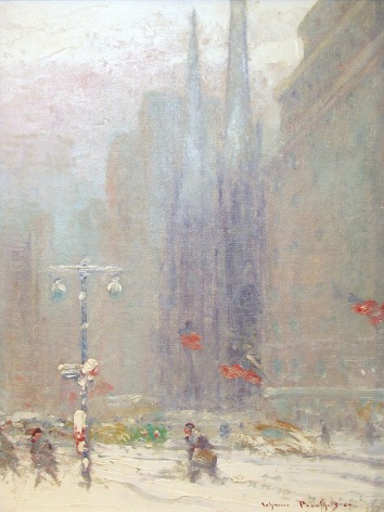 Image of Johann Berthelsen's sold painting &quot;NY Winter with Church&quot; showing a snowy street in Manhattan with figures crossing and large buildings in the background.