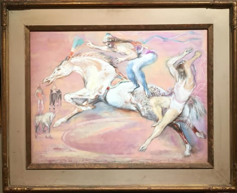 Image of cream and gold painted frame of &quot;Circus Jumpers No 2&quot; painting by Jon Corbino.