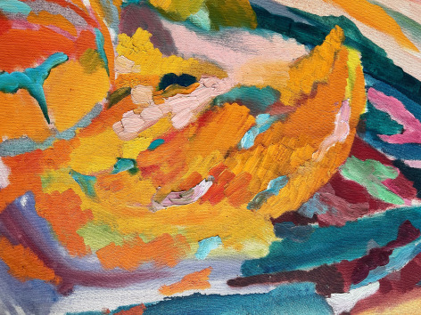 Image of detail on untitled (048) abstract painting by Naohiko Inukai in yellows, turquoise, orange, red, pink and green.
