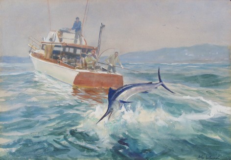 Image a watercolor painting of leaping marlin fish in front of the boat Islander, which is filled with fishermen by artist John Whorf.