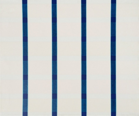 Image of sold hard edge abstract oil painting titled &quot;Four &amp; Six, No.1&quot; by Naohiko Inukai, done in blues and white.