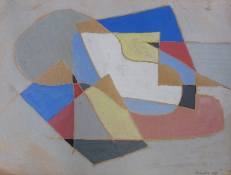 Image of untitled non-objective abstract painting by Charles Sheeler in blues, yellow, reds, grey and white.