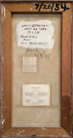 Verso of &quot;Bluebird and Old Sour-Puss&quot; painting by William H. Littlefield.