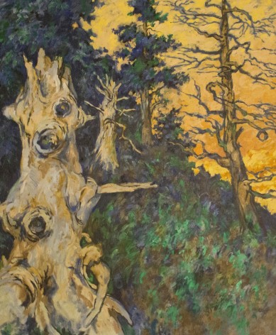 Oil painting of spruce stumps at Harts Neck in Maine by Easton Pribble.