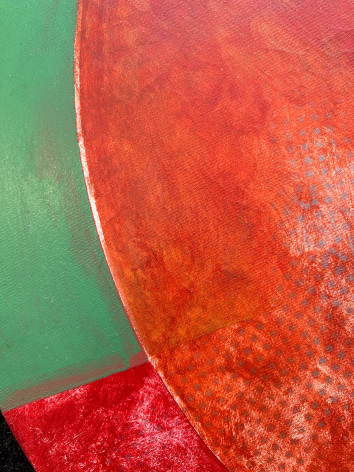 Closeup detail image of Jack Wolfe's untitled round abstract painting.