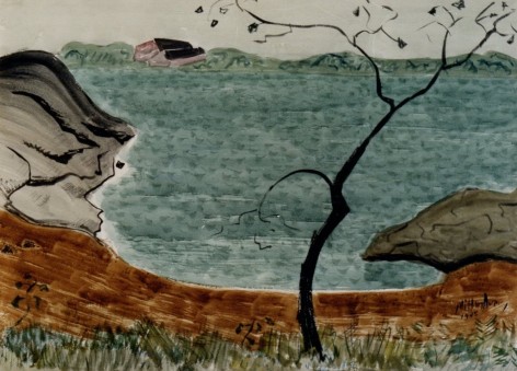 Image of Milton Avery's sold watercolor of a cove with tree in foreground.