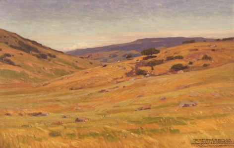 Image of sold 1915 oil landscape painting of golden rolling hills by William Wendt.