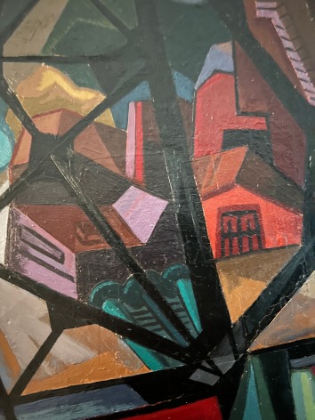 Closeup detail from upper left corner of painting &quot;Ballad for Two Women&quot; by Seymour Franks depicting the view from a window of a cubist styled town.