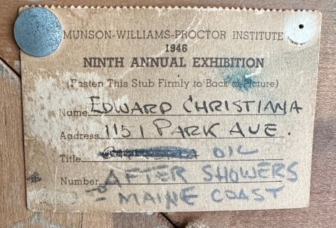 Image of close-up of verso label on seascape painting &quot;After Showers &ndash; Maine Coast&quot; by Edward Christiana.