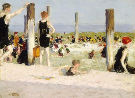Image of Edward Henry Potthast's sold oil painting entitled &quot;In the Dog Days&quot; showing a beach scene with many people playing in or near the water.