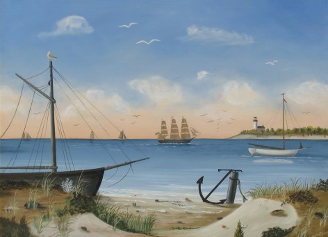 Image of Martha Cahoon's oil painting entitled &quot;Quiet Bay with Boats and Lighthouse in Distance&quot; showing a ship anchored on shore with several ships and a lighthouse off in the distance.