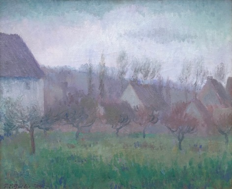 Image of &quot;Farm Orchard in Winter Giverny&quot; painting by Theodore Earl Butler depicting a small impressionistic orchard of grass and trees in the foreground with four buildings in the background.