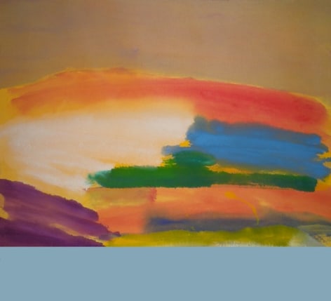 Image of Ronnie Landfield's 2007 abstract painting &quot;At Dawn&quot; in orange, blue, green and purples.