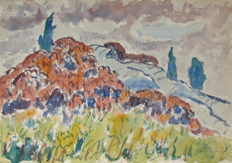 Image of Allen Tucker's abstract sold painting of poplar trees on hillside with orange, blue and chartreuse vegetation.