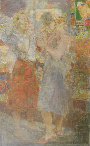 Image of Isabel Bishop's 1952 painting entitled &quot;Interlude&quot; depicting two women standing on a city street, one in a skirt and the other in a dress.