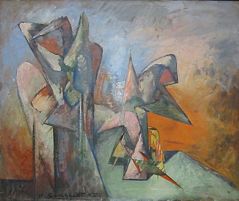 Image of sold 1945 abstract oil painting by Hans Burkhardt painted in oranges, light greens, grays and other colors.
