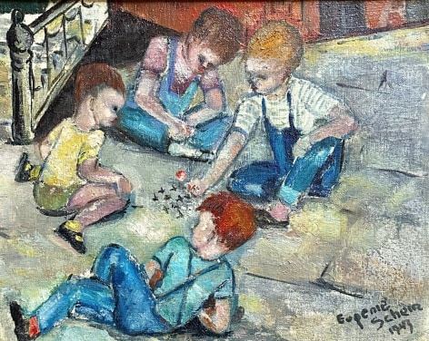 Image of untitled oil painting by Eugene Schein showing children playing jacks on a sidewalk.